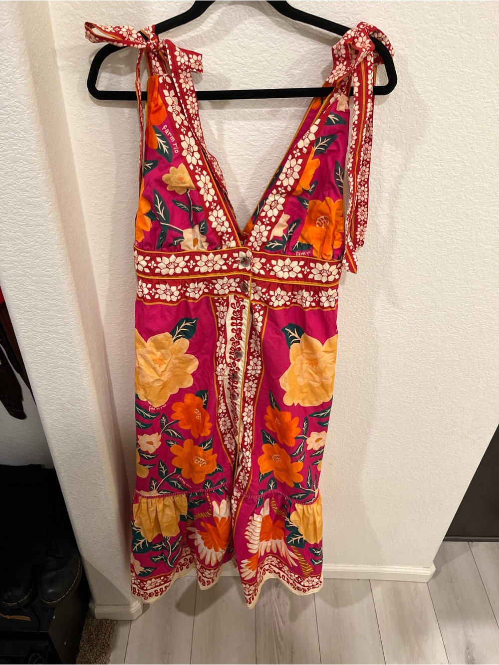 FARM Rio Fuchsia Midi Dress with Orange and Yellow Floral Print